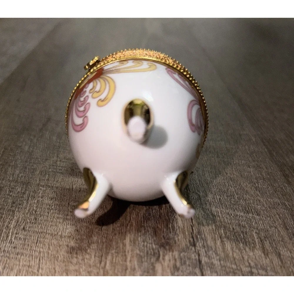 Vtg 60s Trinket Box Decorative Egg Red  Pink Floral Gold Accents